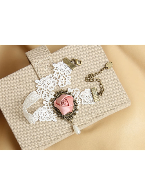 Retro Fashion Pink Rose Flower White Lace Flower Pearl Personality Handmade Creative Female Anklet