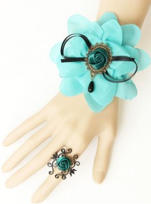 Retro Fashion Personality Palace Blue Rose Chiffon Flower Female Bracelet Ring One Chain