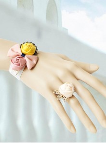 Retro Fashion White Lace Pink Bow Yellow Rose Female Bracelet With Ring One Chain
