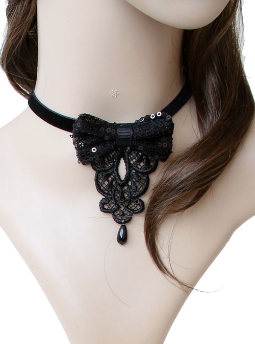 Gothic Retro Fashion Personality Black Lace Drop Pearl Sequin Bow Female Choker