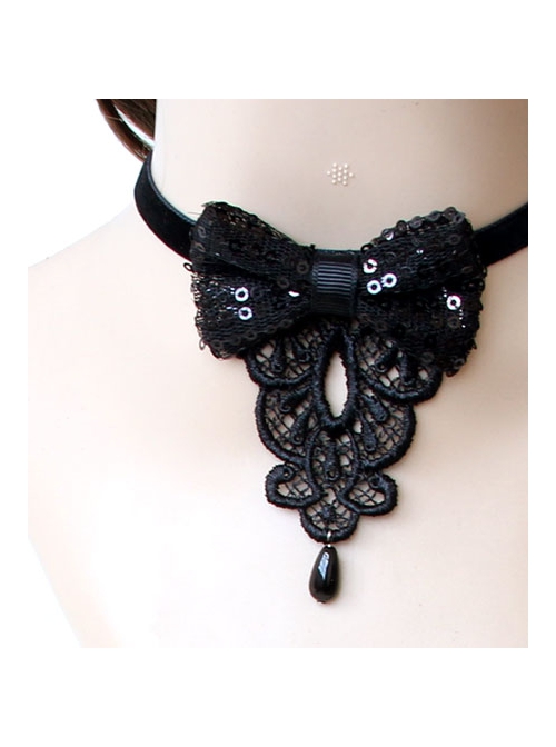 Gothic Retro Fashion Personality Black Lace Drop Pearl Sequin Bow Female Choker