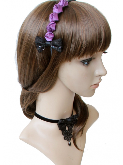 Gothic Retro Fashion Personality Black Lace Drop Pearl Sequin Bow Female Choker