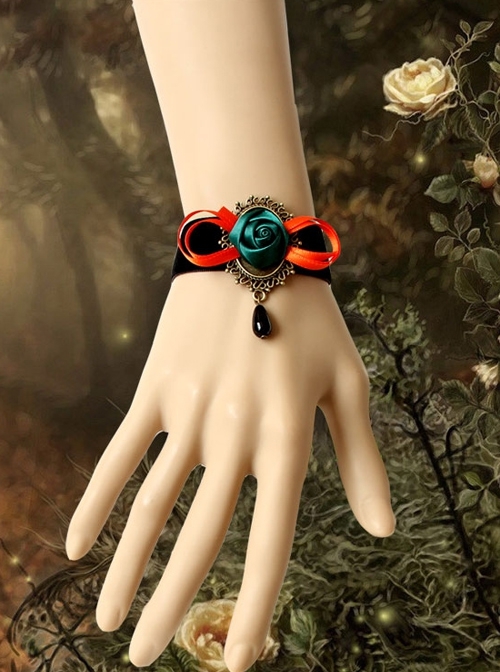 Gothic Retro Fashion Red Bow Dark Green Rose Flower Black Velvet Rope Female Bracelet
