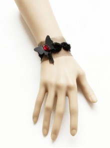 Retro Fashion Gothic Black Lace Butterfly Tassel Ruby Sweet Female Bracelet