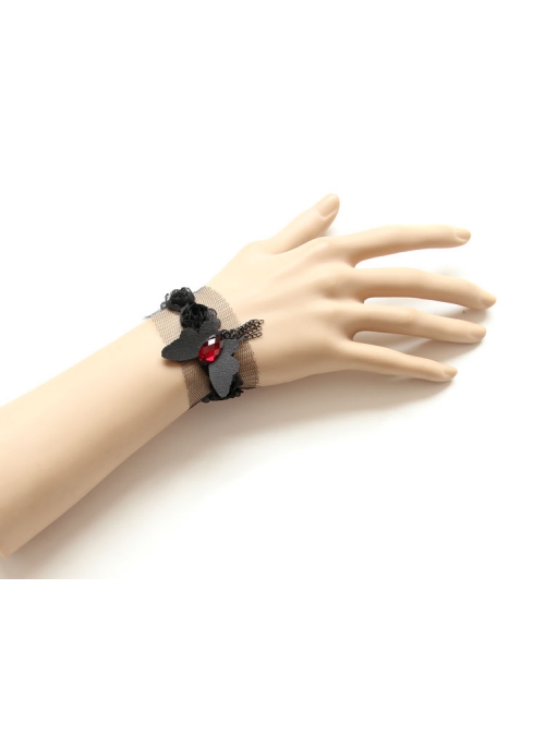 Retro Fashion Gothic Black Lace Butterfly Tassel Ruby Sweet Female Bracelet