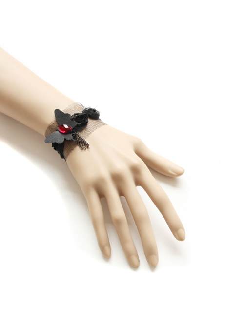 Retro Fashion Gothic Black Lace Butterfly Tassel Ruby Sweet Female Bracelet