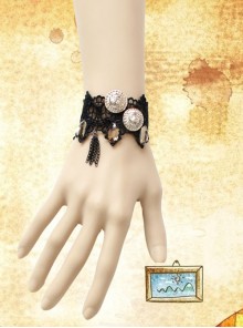 Punk Handmade Retro Gothic Black Lace Tassel Golden Skull Female Bracelet