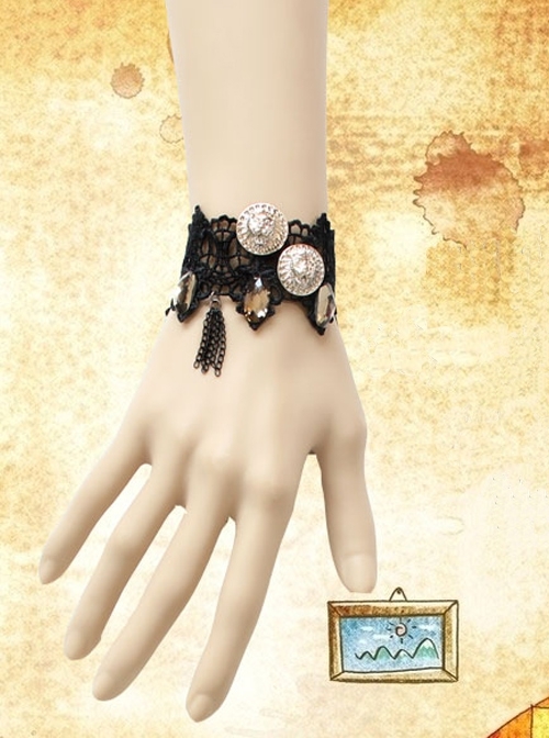 Punk Handmade Retro Gothic Black Lace Tassel Golden Skull Female Bracelet
