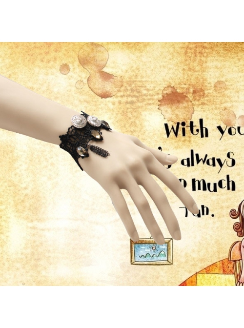 Punk Handmade Retro Gothic Black Lace Tassel Golden Skull Female Bracelet