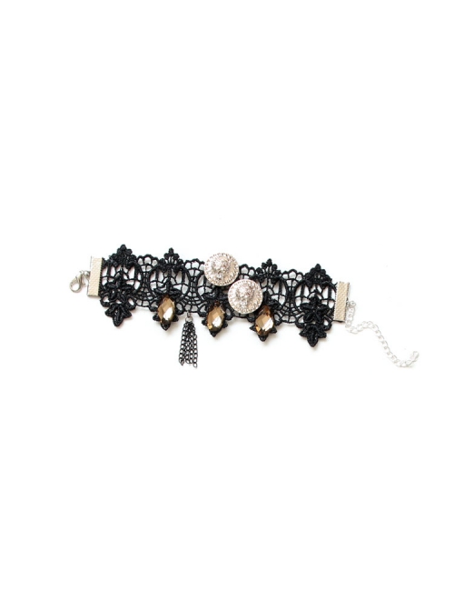 Punk Handmade Retro Gothic Black Lace Tassel Golden Skull Female Bracelet