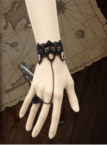 Creative Fashion Gothic Black Rose Flower Lace Tea Color Diamond Retro Female Band Ring Bracelet