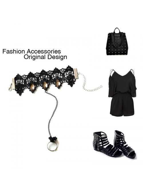 Creative Fashion Gothic Black Rose Flower Lace Tea Color Diamond Retro Female Band Ring Bracelet
