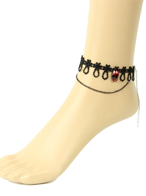 Gothic Fashion Retro Personality Black Lace Flower Tassel Ruby Female Anklet