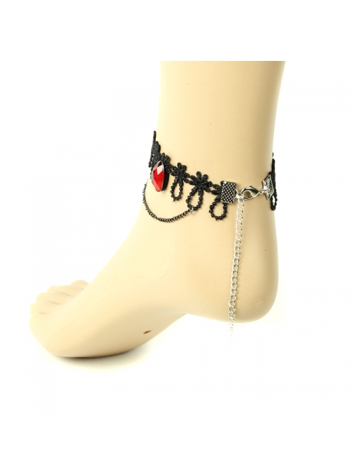 Gothic Fashion Retro Personality Black Lace Flower Tassel Ruby Female Anklet