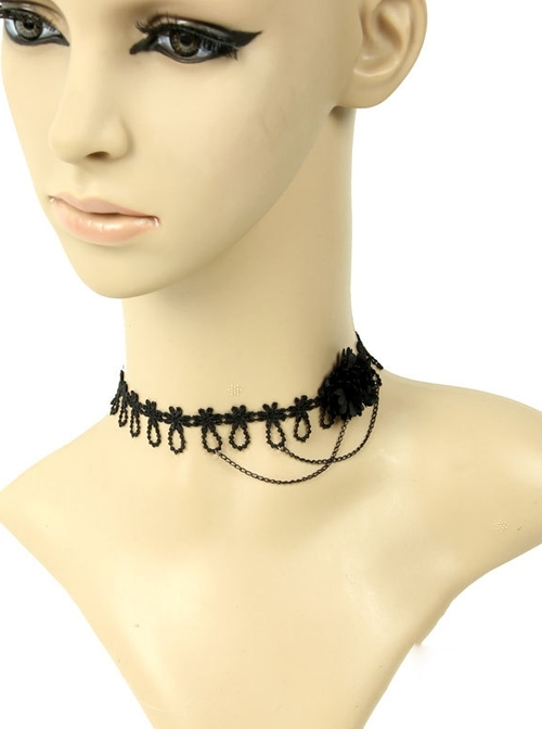 Fashion Retro Gothic Personality Black Lace Flower Tassel Female Choker