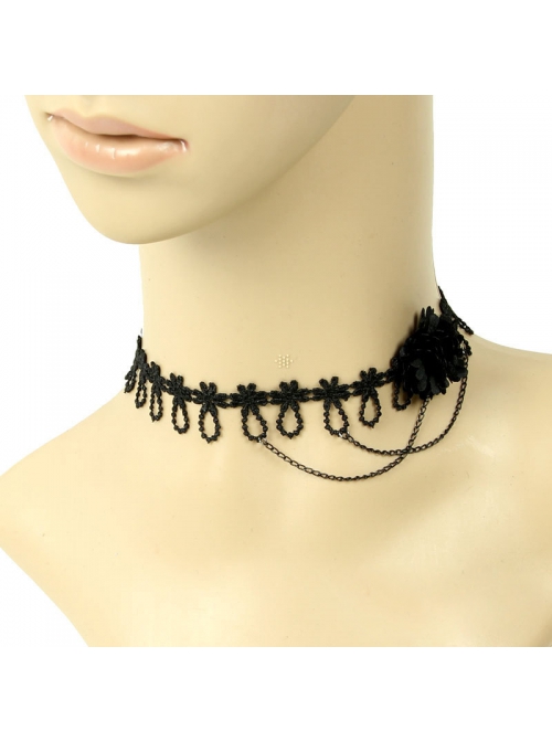 Fashion Retro Gothic Personality Black Lace Flower Tassel Female Choker