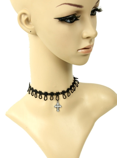 Retro Gothic Personality Cross Black Lace Flower Halloween Female Choker