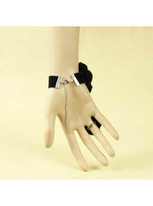 Handmade Fashion Retro Gothic Black Big Flower Tassel Female With Ring Bracelet