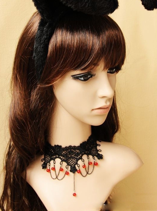 Vampire Gothic Retro Fashion Black Lace Tassel Red Crystal Female Choker