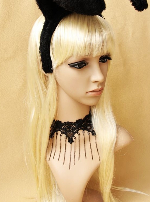 Retro Gothic Fashion Personality Black Lace Flower Tassel Female Choker