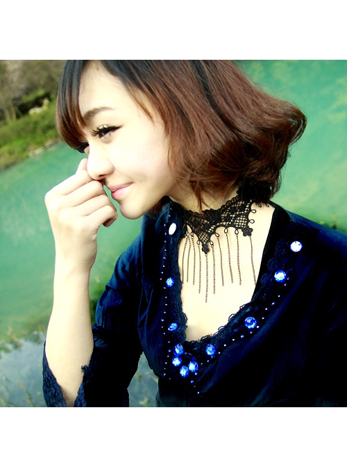Retro Gothic Fashion Personality Black Lace Flower Tassel Female Choker