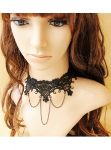 Fashion Personality Gothic Black Lace Flower Tassel Retro Female Short Necklace