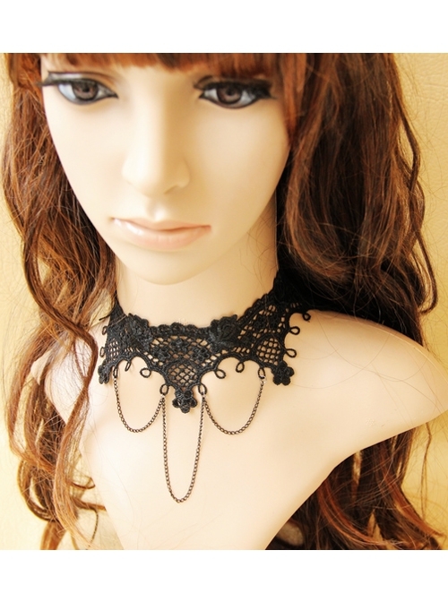 Fashion Personality Gothic Black Lace Flower Tassel Retro Female Short Necklace
