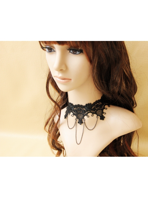 Fashion Personality Gothic Black Lace Flower Tassel Retro Female Short Necklace