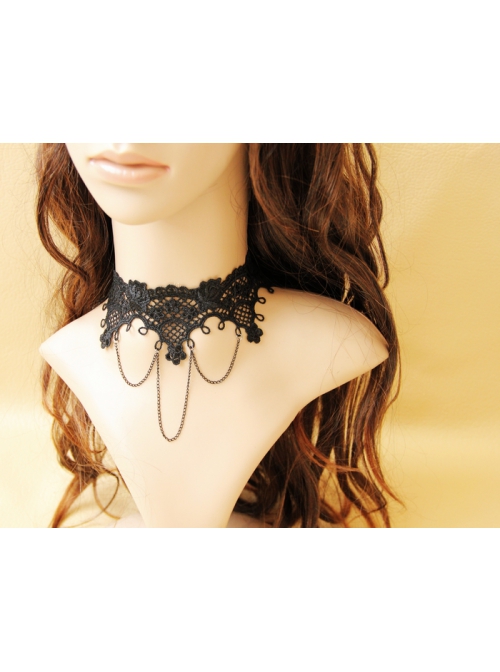 Fashion Personality Gothic Black Lace Flower Tassel Retro Female Short Necklace