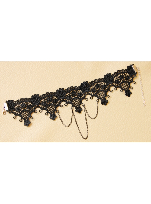 Fashion Personality Gothic Black Lace Flower Tassel Retro Female Short Necklace