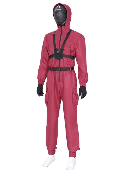 TV Drama Squid Game Triangle Mask Soldiers Halloween Cosplay Costume Red One-piece Garment