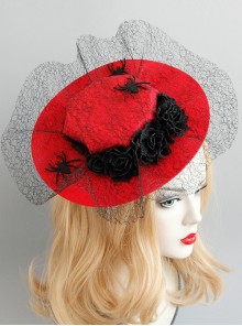 Black Web Yarn Spider Rose Flower Halloween Makeup Party Creative Vampire Retro Fashion Red Hat