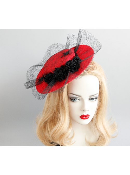 Black Web Yarn Spider Rose Flower Halloween Makeup Party Creative Vampire Retro Fashion Red Hat