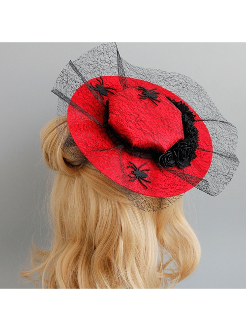 Black Web Yarn Spider Rose Flower Halloween Makeup Party Creative Vampire Retro Fashion Red Hat