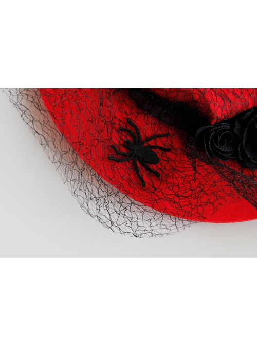 Black Web Yarn Spider Rose Flower Halloween Makeup Party Creative Vampire Retro Fashion Red Hat