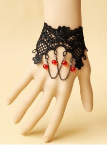 Retro Gothic Fashion Black Lace Flower Tassel Red Crystal Female Bracelet