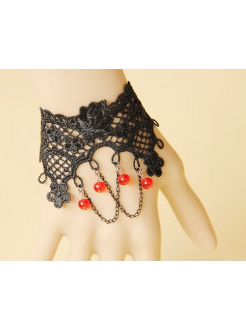 Retro Gothic Fashion Black Lace Flower Tassel Red Crystal Female Bracelet