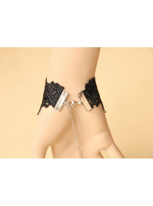 Retro Gothic Fashion Black Lace Flower Tassel Red Crystal Female Bracelet