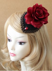 Gothic Fashion Retro Queen Red Rose Flower Gems Golden Lace Female Black Hairpin