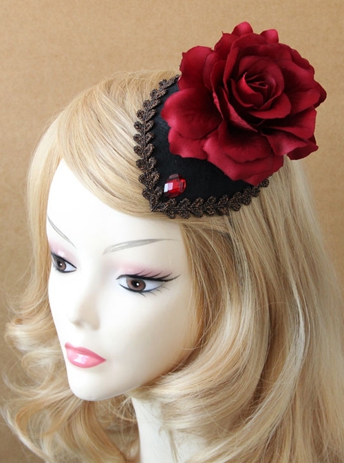 Gothic Fashion Retro Queen Red Rose Flower Gems Golden Lace Female Black Hairpin