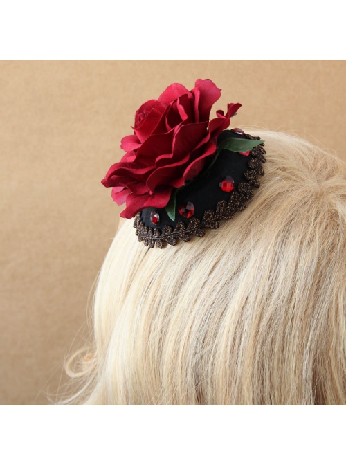 Gothic Fashion Retro Queen Red Rose Flower Gems Golden Lace Female Black Hairpin