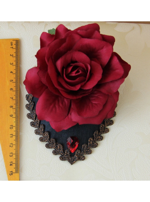 Gothic Fashion Retro Queen Red Rose Flower Gems Golden Lace Female Black Hairpin