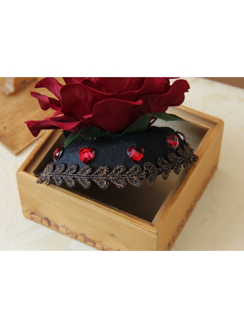 Gothic Fashion Retro Queen Red Rose Flower Gems Golden Lace Female Black Hairpin