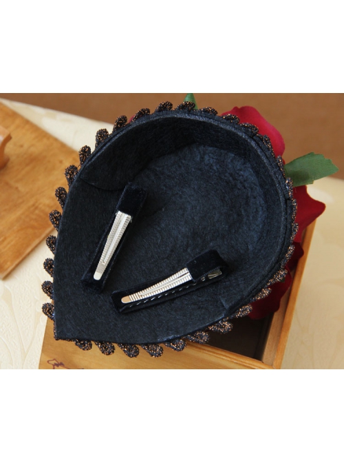 Gothic Fashion Retro Queen Red Rose Flower Gems Golden Lace Female Black Hairpin