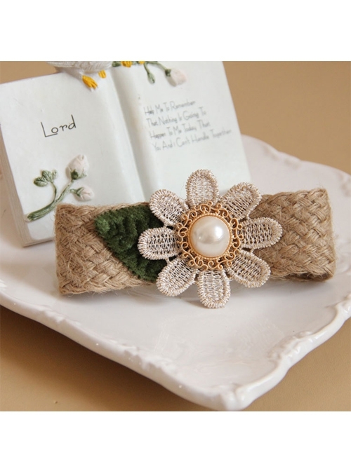 Leisure Golden Lace Flower Green Leaf Pearl Hemp Rope Retro Fashion Female Hairpin