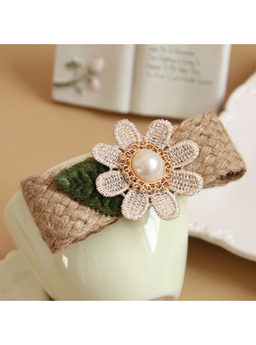 Leisure Golden Lace Flower Green Leaf Pearl Hemp Rope Retro Fashion Female Hairpin