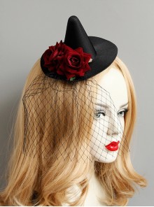 Retro Fashion Gothic Sexy Makeup Party Cocktail Party Prom Female Red Rose Black Net Gauze Witch Hat Hairpin