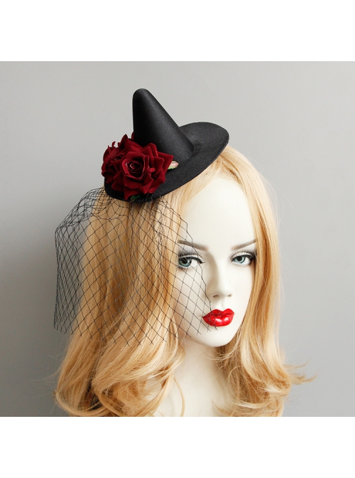 Retro Fashion Gothic Sexy Makeup Party Cocktail Party Prom Female Red Rose Black Net Gauze Witch Hat Hairpin