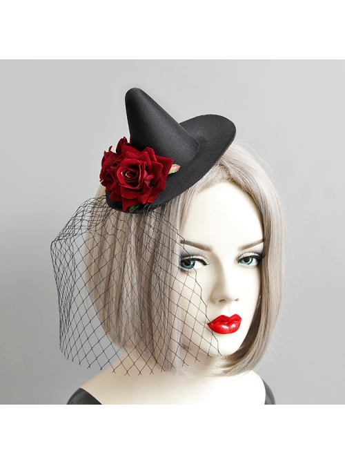 Retro Fashion Gothic Sexy Makeup Party Cocktail Party Prom Female Red Rose Black Net Gauze Witch Hat Hairpin