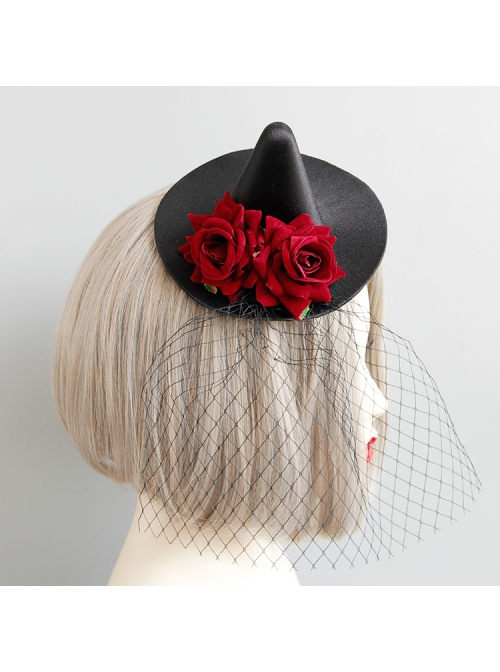Retro Fashion Gothic Sexy Makeup Party Cocktail Party Prom Female Red Rose Black Net Gauze Witch Hat Hairpin